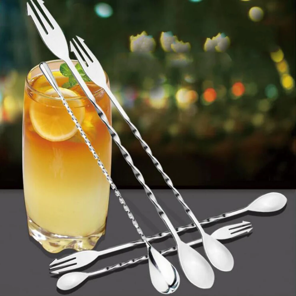 

Cocktail Spoon Fork Double Head 2in1 Pick Swizzle Sticks Stirrer Bar Mixing Drink Muddlers Bartender Kitchen Bar Tools 26/32cm