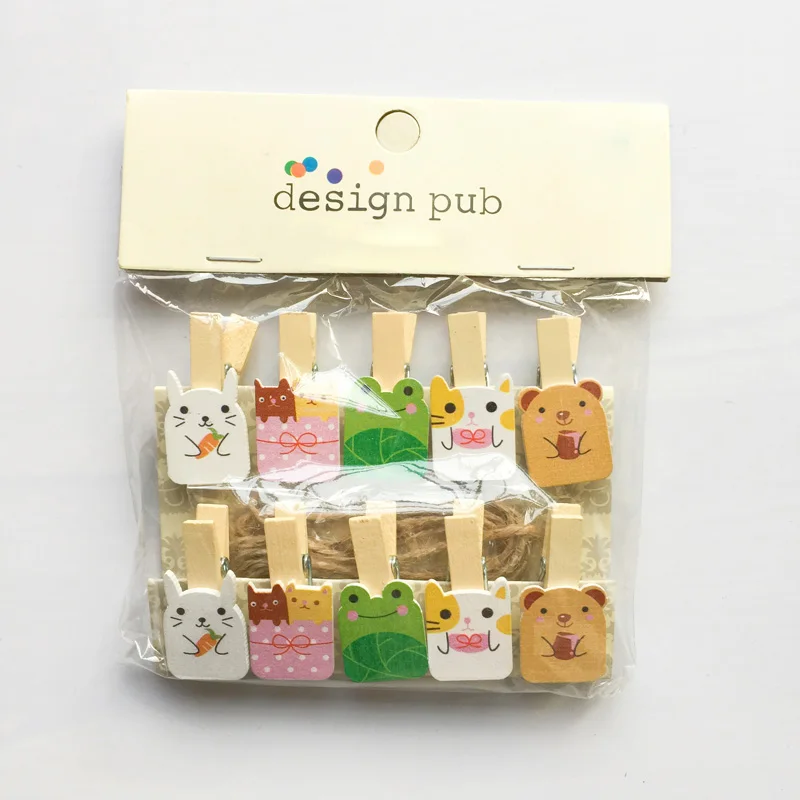 

10 pcs /Pack Kawaii Rabbit Frog Wooden Paper Clip Bookmark For Album With Rope Message Stickers Stationery