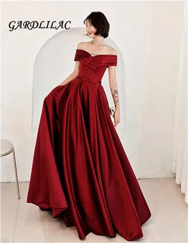 

2019 Off The Shoulder Burgundy Evening Dresses Long A-Line Satin Vestido Longo Prom Long Elegant Dress Plus Size G059