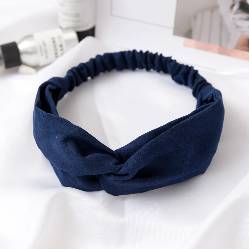 Женская повязка на голову в винтажном стиле с перекрестным узлом, эластичные резинки для волос, мягкие Однотонные резинки для волос для девушек, аксессуары для волос - Цвет: dark blue