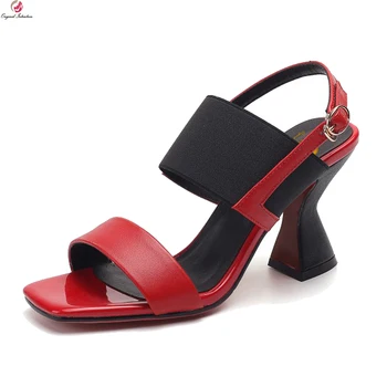 

Original Intention Stylish Women Sandals Cow Leather Open Toe Sexy Strange Heels White Blue Red Party Shoes Woman US Size 3-10