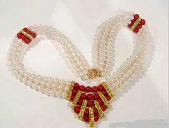 

huij 001347 3 Rows Real White Pearl Red Coral 18KGP Crystal Clasp Necklace