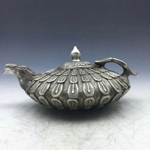 Chinese Old Tibetan Silver Copper Hand Carved Cupronickel Flower Phoenix Teapot Wine Pot Chinese Old Tibetan Silver Copper Hand Carved Cupronickel Flower Phoenix Teapot Wine Pot