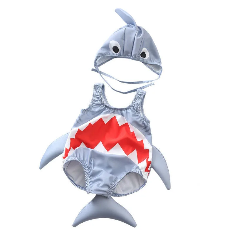 

2PCS Kids Baby Girls Boys Cartoon Shark Swimwear Costume Swimsuit 3D Pattern Animal Tail Caps Hat Bikini Set Beachwear Cute 1-6T