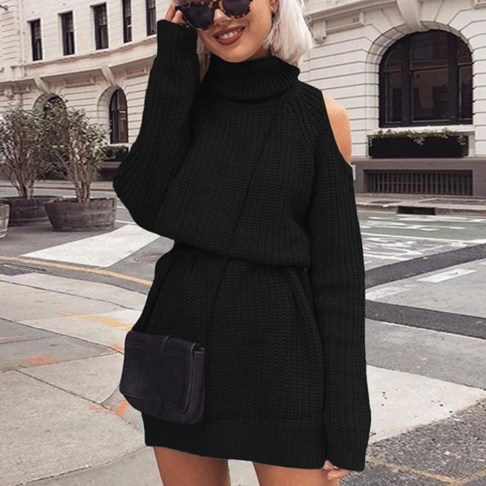 Laamei/осенне-зимнее трикотажное платье-свитер с высоким воротником, с вырезами на плечах, Женские однотонные тонкие длинные пуловеры больших размеров, вязаный джемпер - Цвет: black