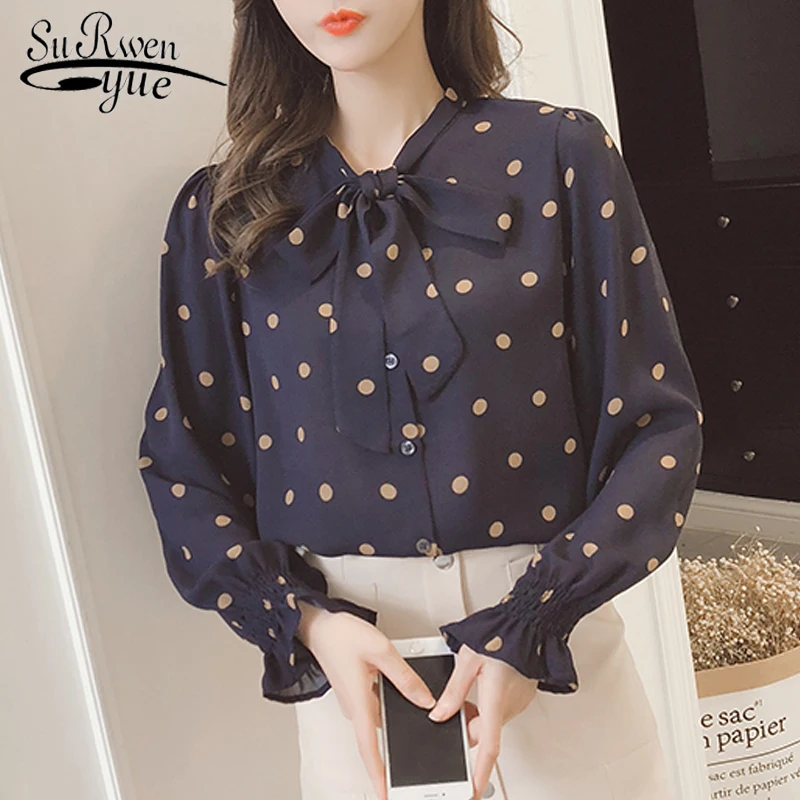

2018 new fashion long sleeved blouses casual women tops chiffon blouses shirts polka dot bow sweet lady women clothing 0292 40