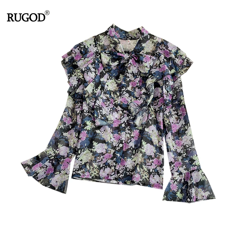 RUGOD шифоновые блузки с цветочным принтом, свободные элегантные английские стильные винтажные богемные летние топы и блузки, женская рубашка Modis