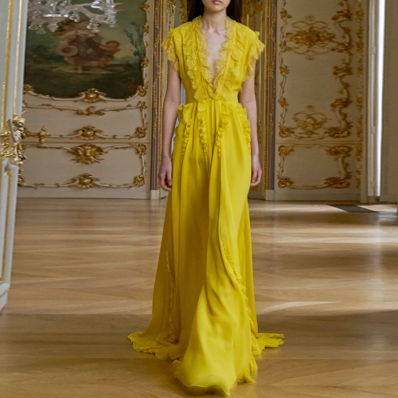 Дизайнерское женское Макси-платье для подиума, сексуальное длинное шифоновое платье с глубоким v-образным вырезом и оборками, винтажное элегантное желтое платье без рукавов, Vestidos Verano