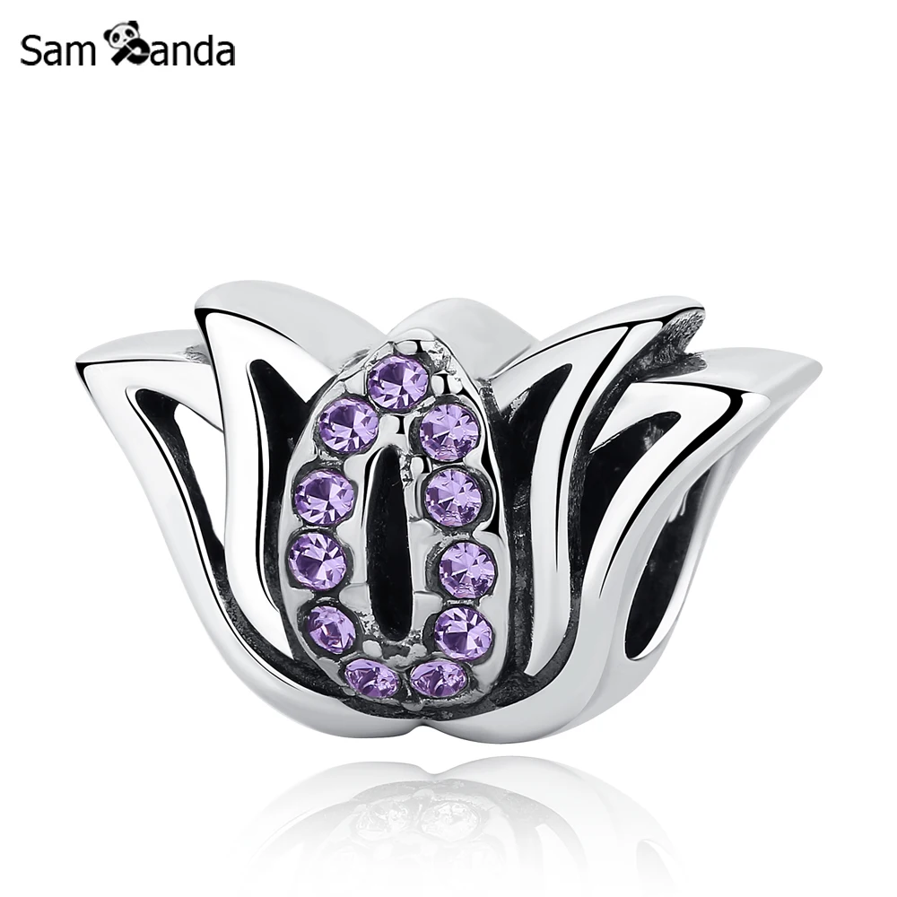 

Authentic 925 Sterling Silver Bead Charm Lotus Flower With Crystal Beads Fit Pandora Bracelets Bangles Women DIY Jewelry Making