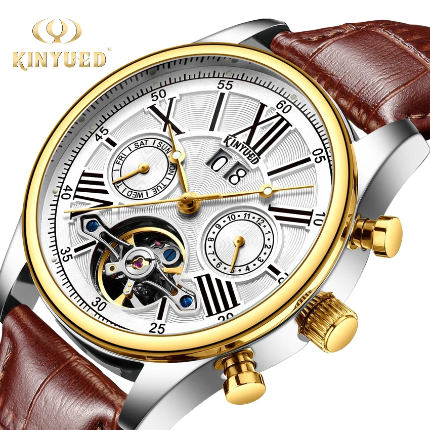 

KINYUED Top Luxury Brand Mechanical Watches Mens Automatic Skeleton Watch Calendar Sports Waterproof Leather horloges mannen