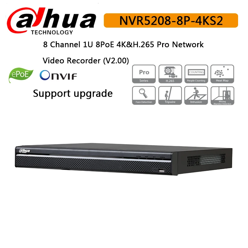 Dahua 8ch poe nvr NVR5208-8P-4KS2 8-канальный 1U 8 PoE 4K H.265 Pro сетевой видеорегистратор cctv