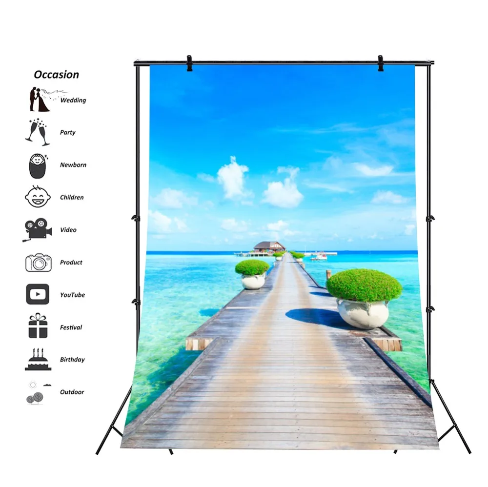 Laeacco Seaside Blue Sky White Clouds Wooden Bridge Natural Scene Photographic Background Photography Backdrops For Photo Studio Laeacco Seaside Blue Sky White Clouds Wooden Bridge Natural Scene Photographic Background Photography Backdrops For Photo Studio