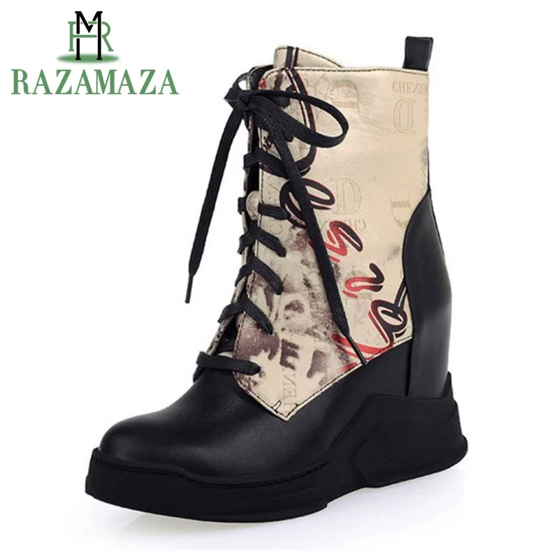

ZALAVOR Women Wedges Boots Winter Warm Fur Ankle Boots Mixed Color Lace Up Print Chunk Heels Platform Shoes Women Size 34-43