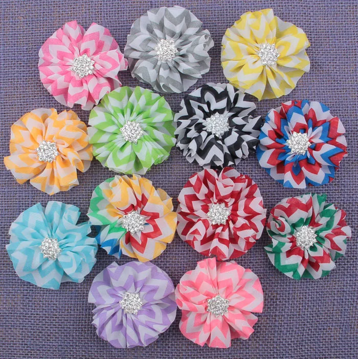 

Yundfly 10pcs Fashion Chiffon Strpe Wave Flower with Buttons Handmade Artifical Fabric Floral for Baby Girls Headbands