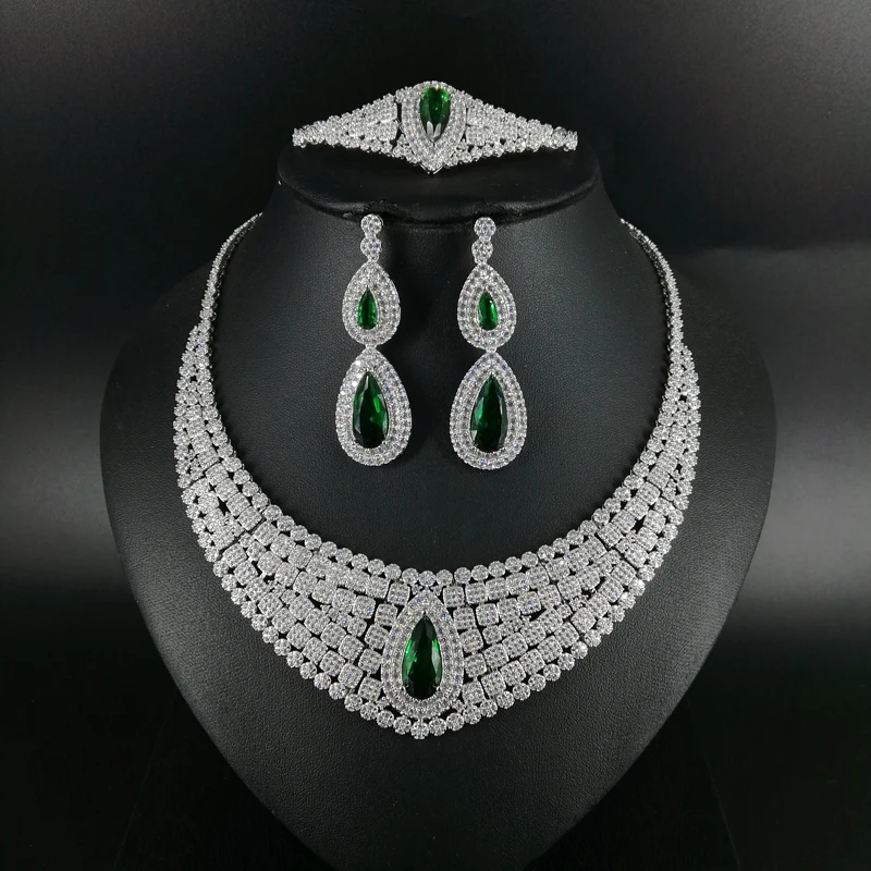 

2019 NEW FASHION green red blue CZ zircon necklace earring bracelet ring wedding bridal banquet dinner dressing jewelry set