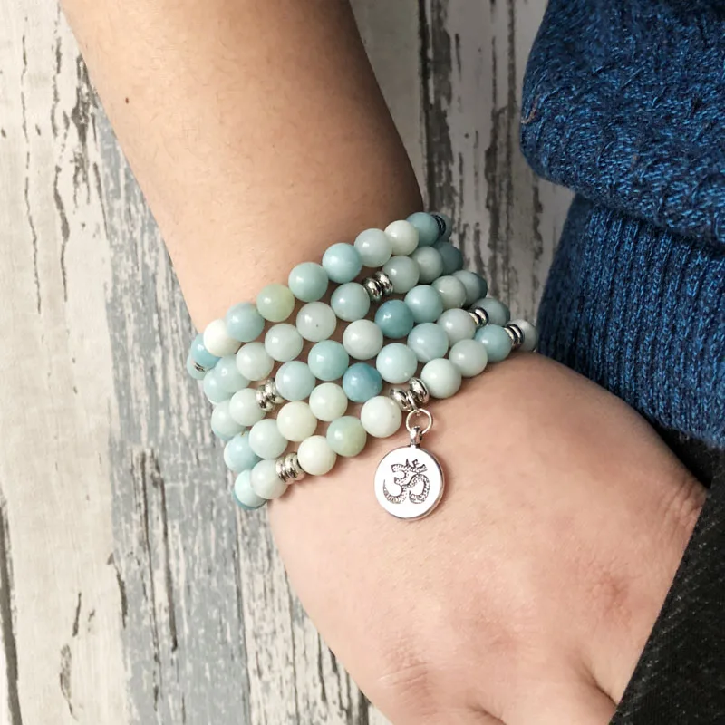 Hottest Ab Amazonite Stone Wrapped Bracelet For Unisex 108 Prayer Beads Wrist Lotus Mala Om Charm Bracelet Aliexpress Jewelry Accessories