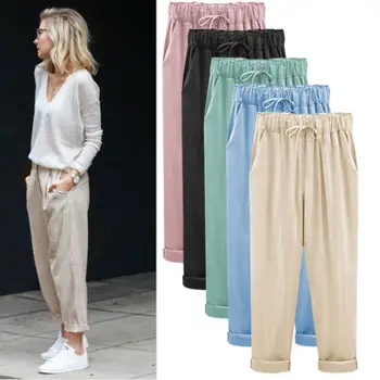 

Womens Plus Size Drawstring Cropped Pants Sweet Candy Color Loose Casual Ankle Length Cuffed Harem Trousers With Pockets L-3XL