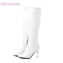 Новые брендовые Зимние удобные женские сапоги до колена черного и белого цвета женские модельные туфли на высоком каблуке Большие размеры 10, 43, 45, SH285