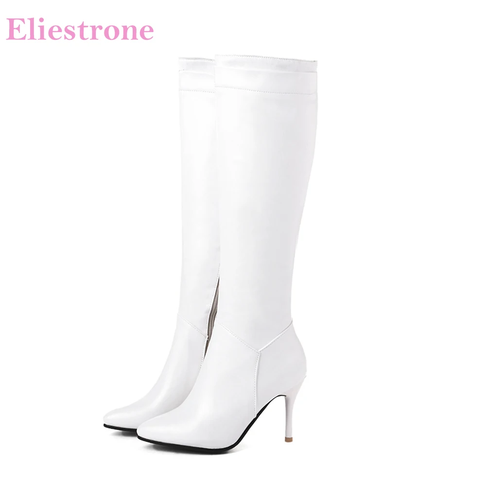 Najtaniej Brand New zima wygodne czarne białe kobiety kolana wysokie buty Nude wysokie obcasy obuwie damskie SH285 Plus duży rozmiar 10 43 45