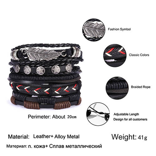 Men Vintage Leaf Feather Multilayer Leather Bracelet Fashion Handmade Braided Rope Wrap Bracelets & Bangles Male Gift