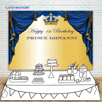 

Kids Birthday Party Photography Background Blue Curtain with Crown 7x5ft Yellow Prince Theme Custom Backdrops for 1st Birthday