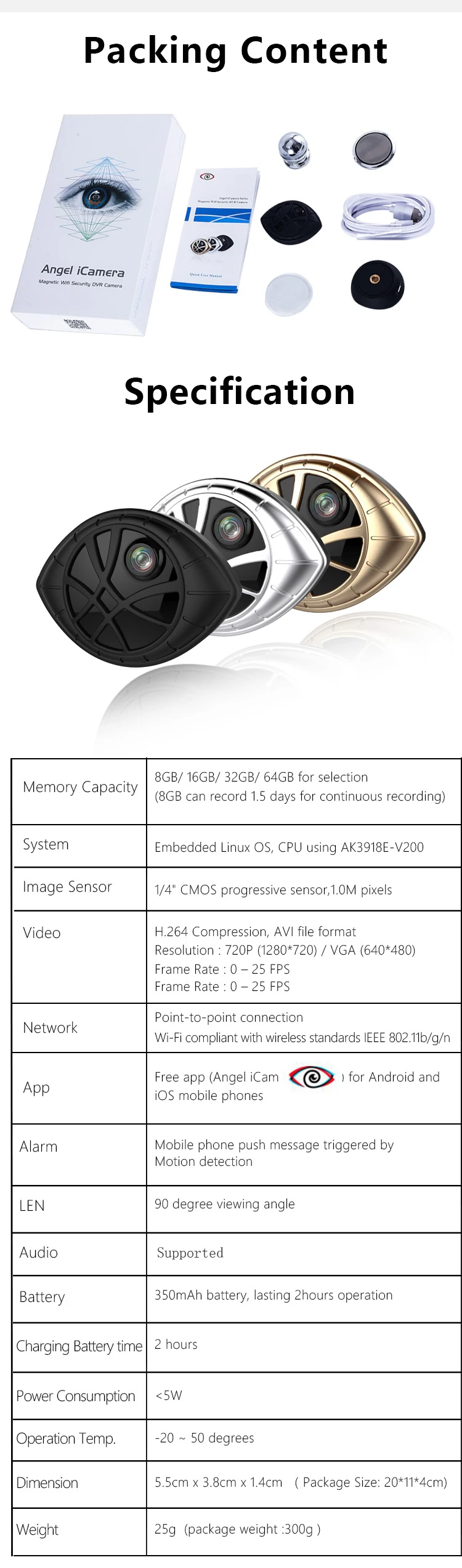 5 шт./лот Портативный Магнитная Wi-Fi безопасности DVR Камера AI-338 720 P Мини Спорт Камера глаз Форма действие Камера микро видеокамера