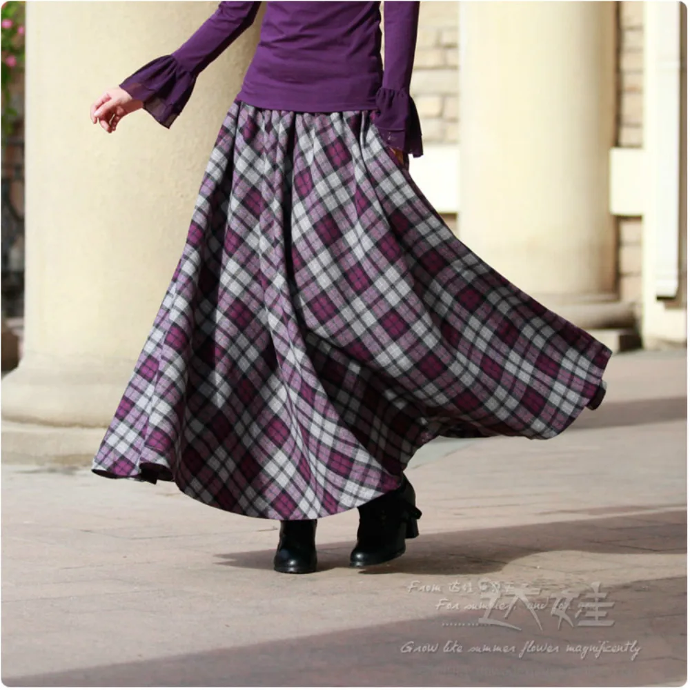 Бренд, весенне-зимняя женская юбка трапециевидной формы, шерстяная Ретро клетчатая Длинная шерстяная Женская Высококачественная винтажная Повседневная Плотная юбка макси