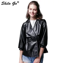SHILO GO кожаная куртка Осенняя модная куртка из натуральной овечьей кожи с v-образным вырезом и коротким рукавом, тонкая заклепка для пуговицы, юбка с поясом, пальто
