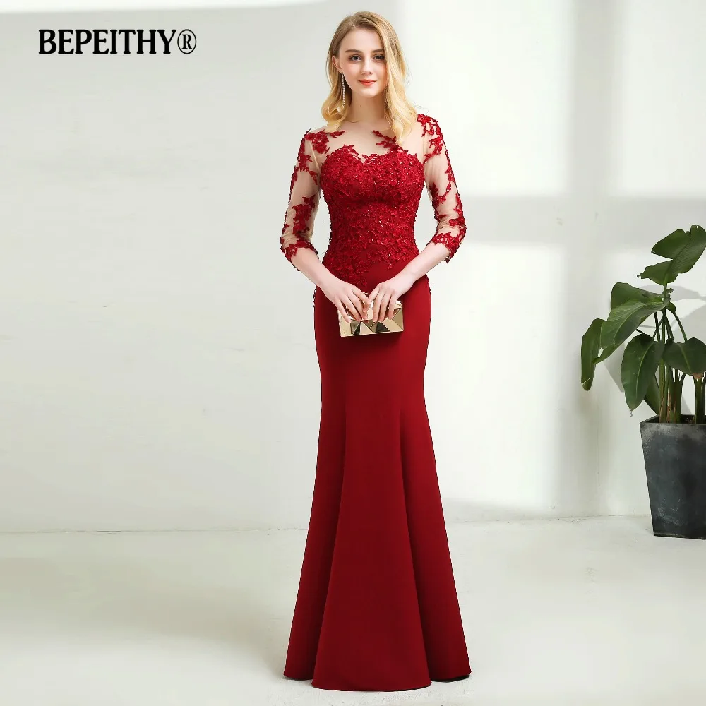 Vintage O-neck Mermaid Long Evening Dress Sheer Three Quarter Sleeves Elegant Floor Length Dark Red Prom Dresses 2018 New Vintage O-neck Mermaid Long Evening Dress Sheer Three Quarter Sleeves Elegant Floor Length Dark Red Prom Dresses 2018 New