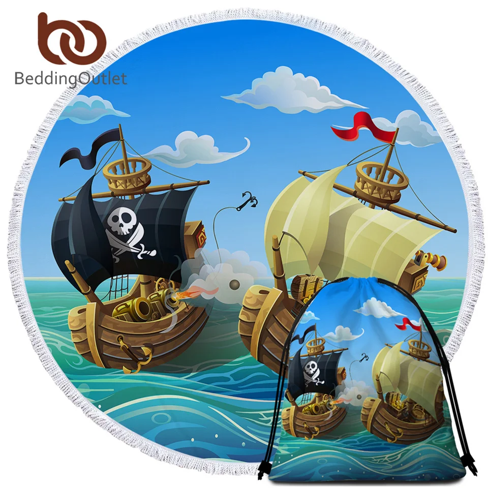 

BeddingOutlet Pirate Beach Round Towel With Drawstring Backpack Bag Cartoon Boat Nautical Ocean Bath Towel Picnic Mat Dropship