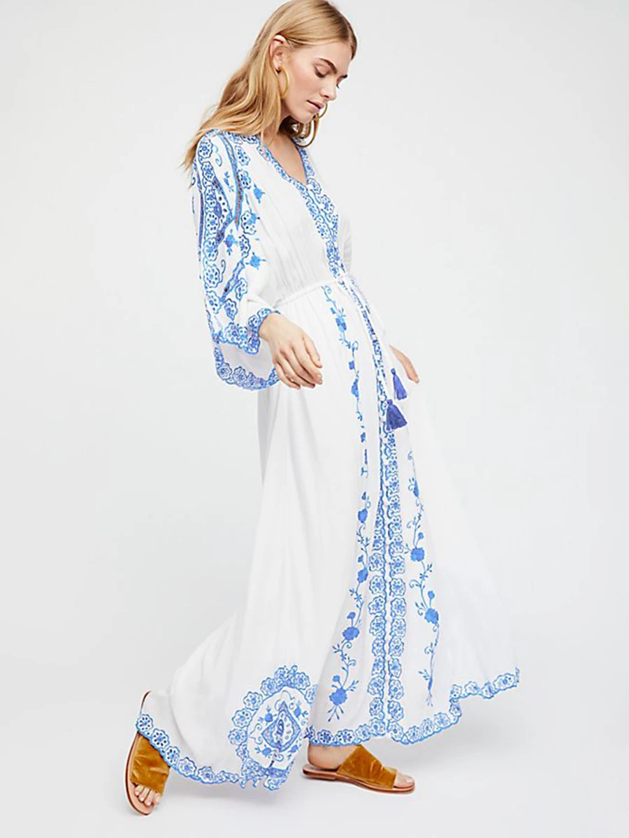 

Blue Floral Embroidery Maxi Dress Women Long Sleeve V neck Hollow Out Sexy Dresses 2019 Summer Clothes Beach Boho Loose Dress