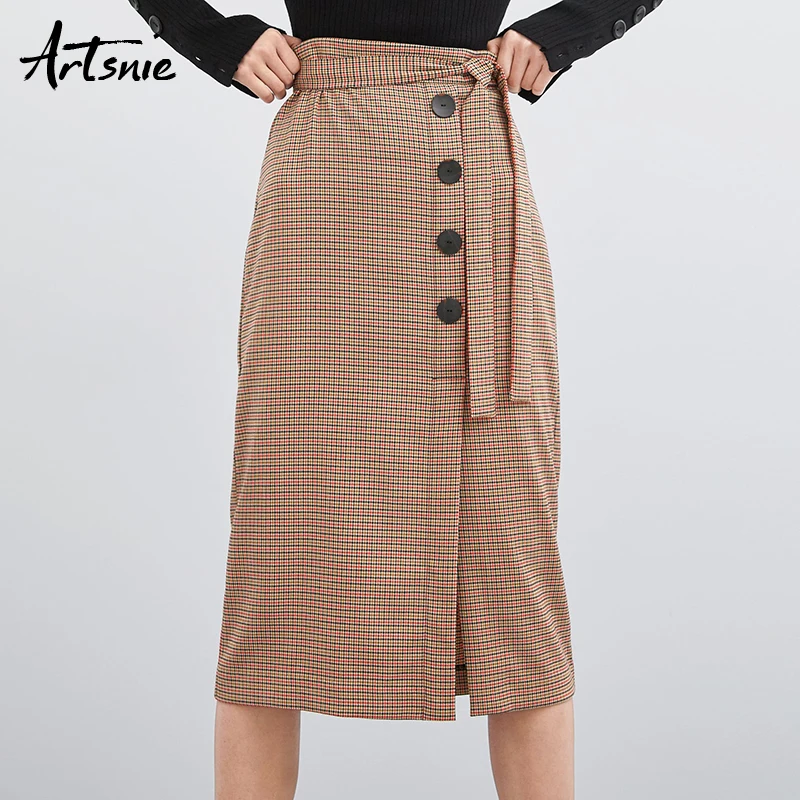 

Artsnie Red Plaid High Waist Maxi Long Skirt Women Spring 2019 Button Spliy Sashes Bow Streetwear Casual Girls Skirts Jupe Femme