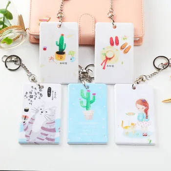 

eTya Fashion Women Men Bank Credit Card Cover Cartoon Cute Student Cactus Bus ID Card Holder Wallet Bags Case With Key Ring