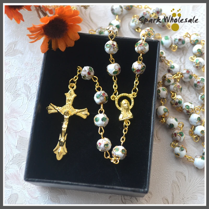 

Gift Box! Religious Gold White Cloisonne Rosary Necklace Jesus Cross Virgin Mary Center Rosary Women's Wedding Rosary