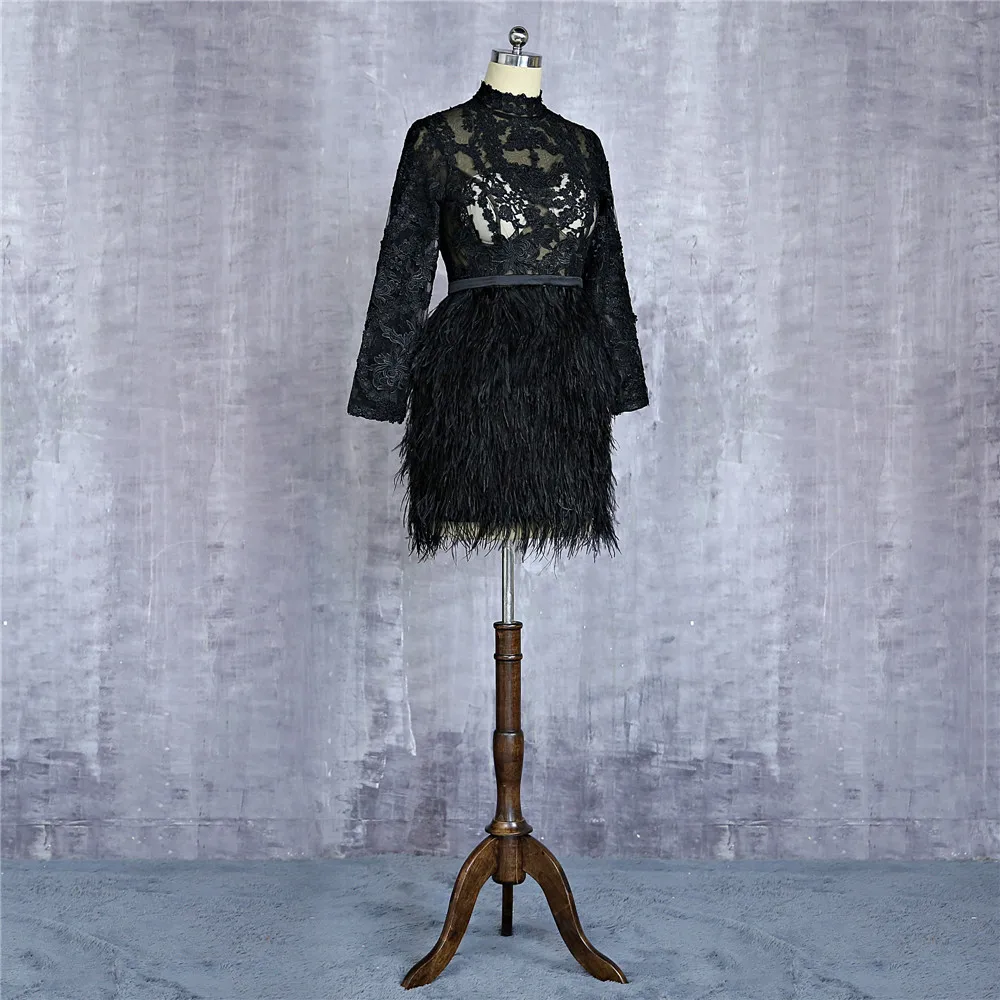 Черный элегантные коктейльные платья а-силуэта с высоким воротником одежда с длинным рукавом Короткая мини-юбка с отделкой кружевом и пером Короткие вечерние, выпускные платья