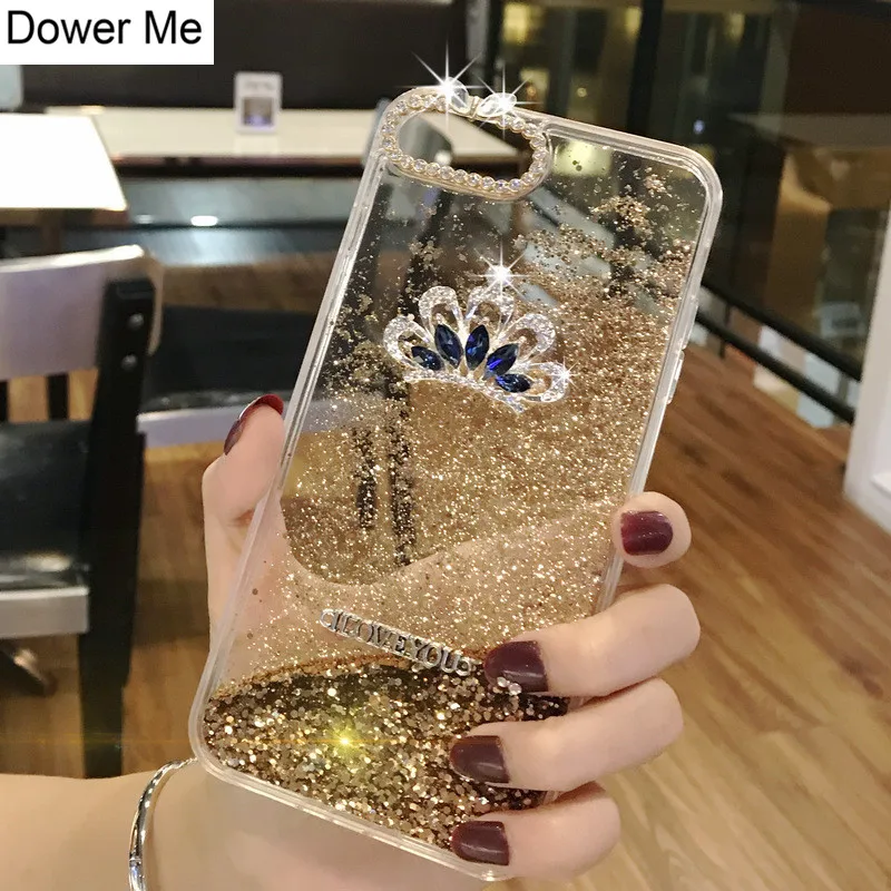 Dower Me Роскошный Модный Блестящий блестящий чехол с синей короной и золотым песком