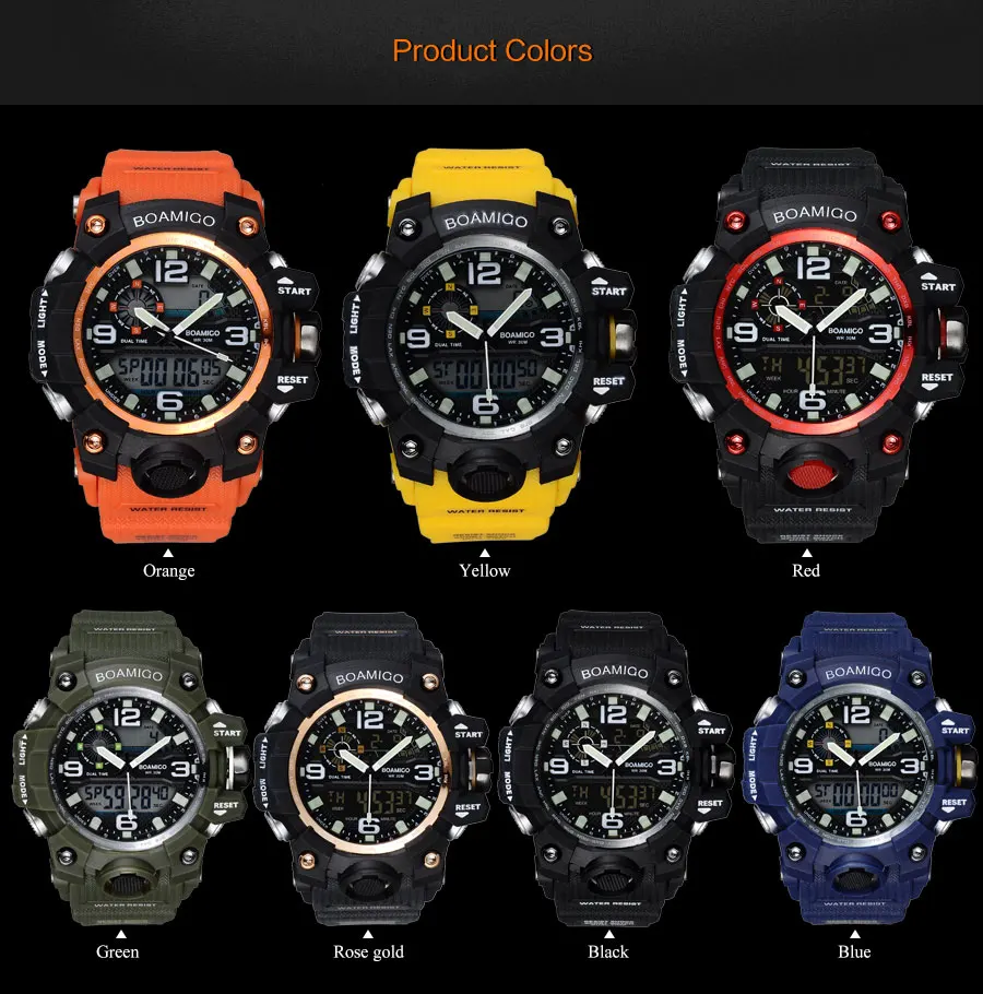 BOAMIGO Brand Digital LED Orange Men Sports Watches Shockproof Swim Quartz Rubber Band Wristwatches Waterproof Clock Masculino  (2)