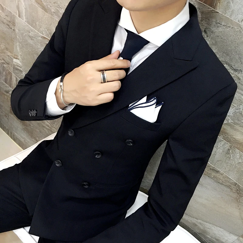 Полный костюм мужской костюм 3 шт мужской свадебный костюм саморазвитие мужской досуг костюм мужской свободный пиджак куртка+ жилет+ брюки - Цвет: black