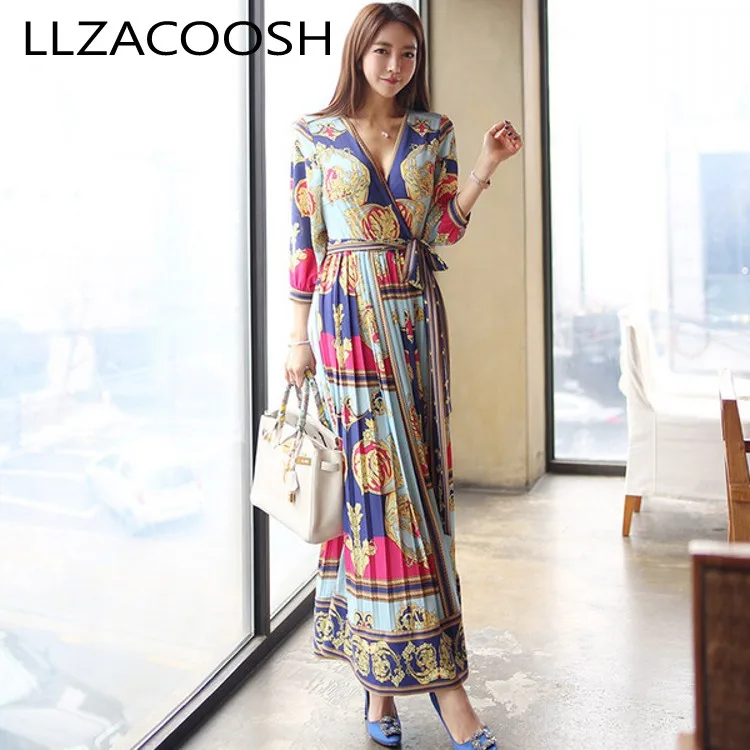 

Luxury Women Long Dress 2019 spring Elegant Sexy V-Neck Floral Print Elegant 3/4 Sleeve Wrap Maxi Dress