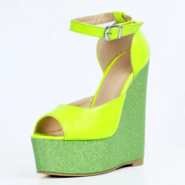 Fluorescent Green Wedge Heels Women Sandals Ankle Straps Open Toe