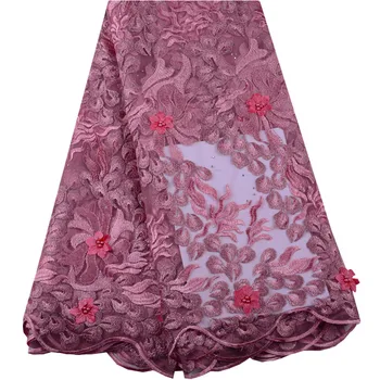 

2019 High Quality French Net lace fabric 3D Flowers Onion Color African Tulle Lace With Beads For Party DIY Dress F1474