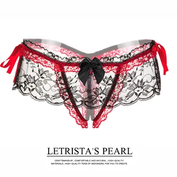 

Rubick Lady Sexy Underwear Floral Transparent Ribbon Tie Tempting G-String Hairy Opening Free Thong T-pants