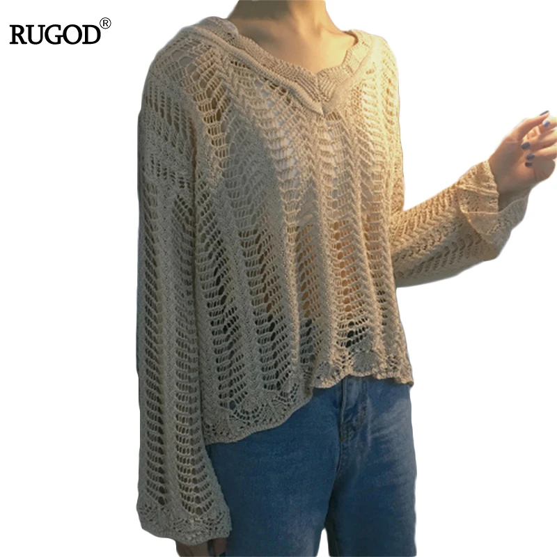 2017 Spring Summer Sexy Perspective Hollow Hole Knitted Sweater Women V