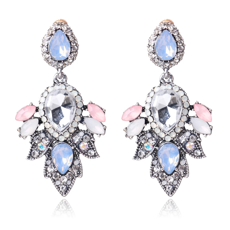 Ztech New Hot Light Blue& Pink Resin with big Crystal Flower Earrings for Women Luxury Starburst Pendant Gem Statement Earrings