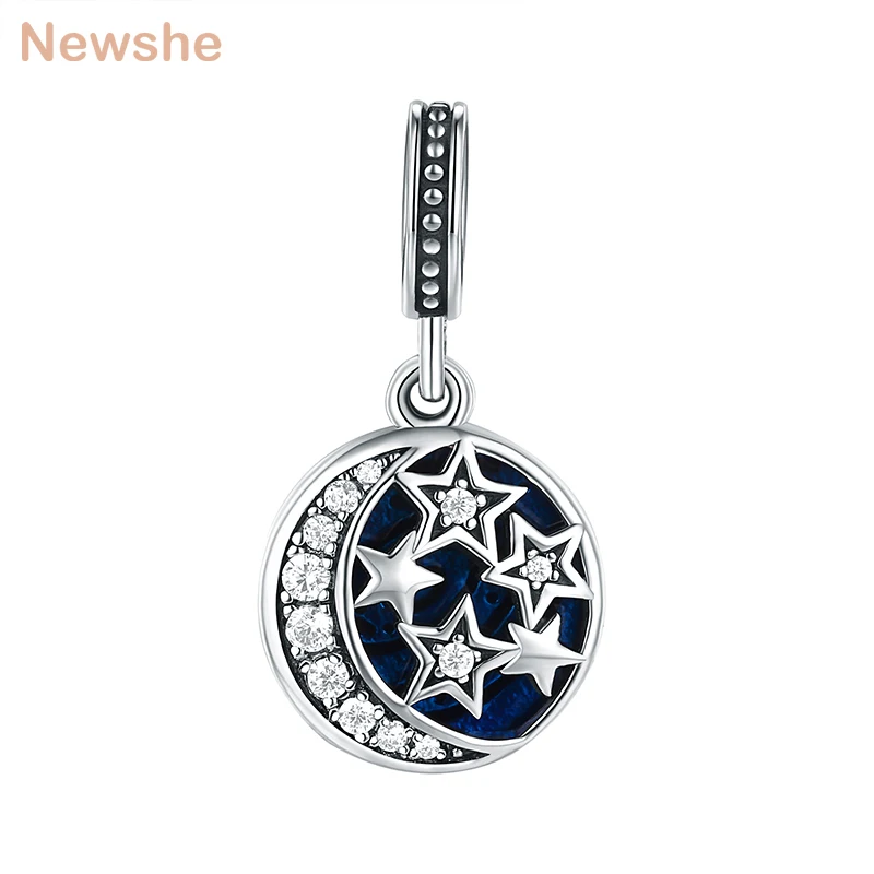 

Newshe 925 Sterling Silver AAA CZ Moon And Star Blue Enamel Charm Beads For Women Bracelet Necklace DIY Jewelry Making 1B0082