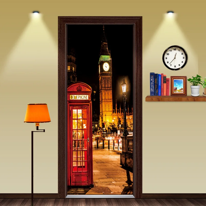 Красная телефонная будка в британском лондонском стиле, спортивная машина, Биг-Бен, Классическая дверная наклейка, DIY Фреска, домашний декор, плакат, ПВХ, водонепроницаемая наклейка