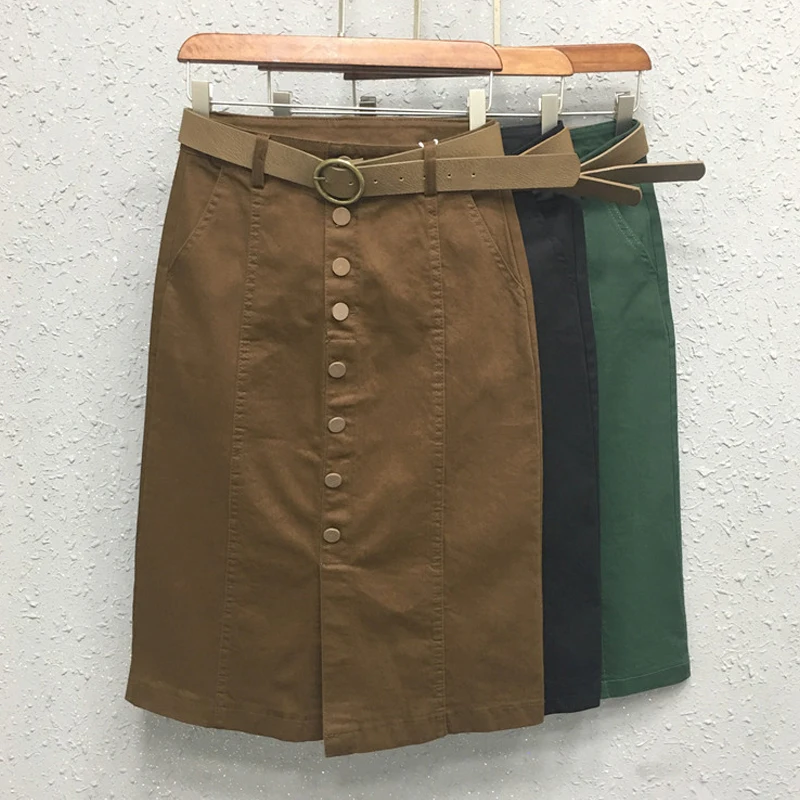 

2019 Korean Style Womens Khaki Beige Black Button Fly High Waisted Pencil Denim Skirt , Women Woman Placket Skinny Jean Skirts