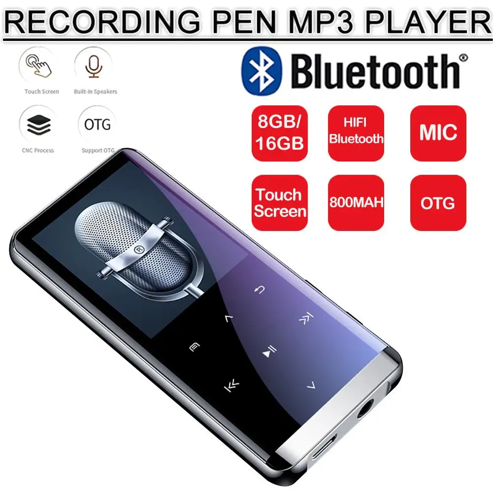 OTG MP3 плеер Диктофон Bluetooth 4,2 сенсорный экран 1,8 дюймов Портативный HIFI 5D музыкальный плеер 8 ГБ/16 г ультра тонкий mp3-плеер FM