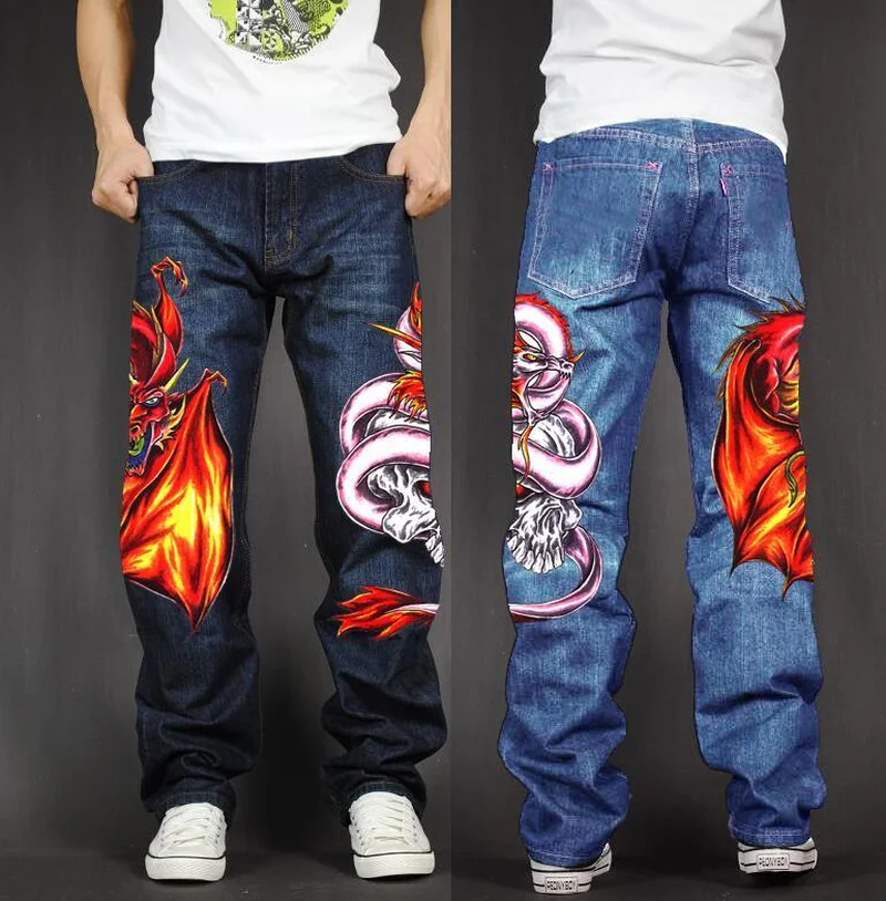 

Men's Long Pants Baggy Loose Fit Jeans Rap Hip Hop Skate Denim Print Trousers Straight Stretch Casual Trousers Bat Serpent