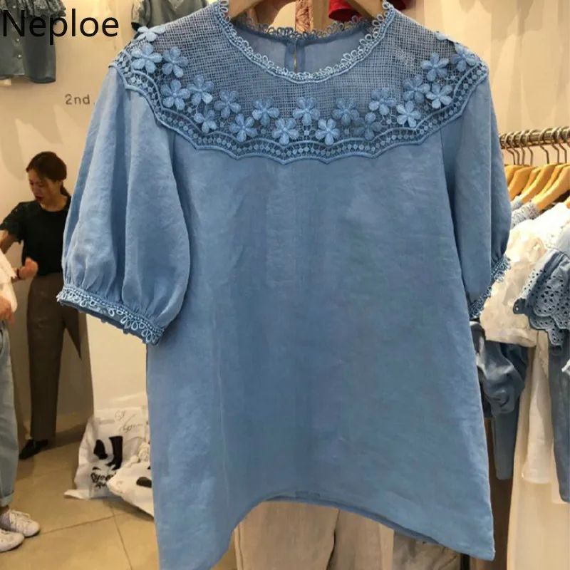 

Neploe Korean Fashion Clothes White Blouses Women Blusas Patchwork Lace Hollow Out Femme Shirts Sweet Puff Sleeve Ladies Tops